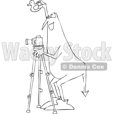 Clipart of a Chubby Devil Photographer Holding a Rubber Duck and Using a Camera on a Tripod, Black and White - Royalty Free Vector Illustration © djart #1461657