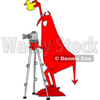 Clipart of a Chubby Red Devil Photographer Holding a Rubber Duck and Using a Camera on a Tripod - Royalty Free Vector Illustration © djart #1461662