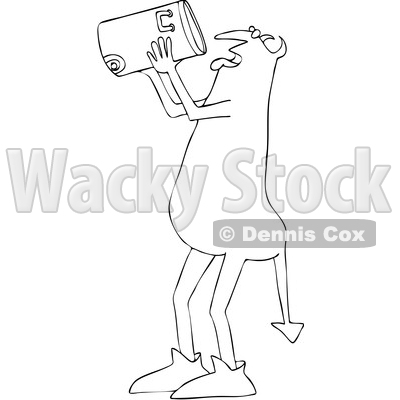 Clipart of a Thirsty Chubby Devil Drinking from a Water Cooler in Black and White - Royalty Free Vector Illustration © djart #1462466