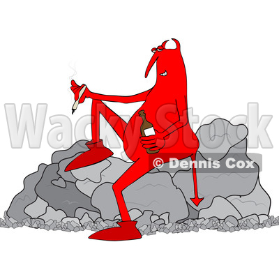 Clipart of a Cartoon Crossfaded Devil Smoking a Joint and Holding a Bottle of Alcohol While Sitting on a Boulder - Royalty Free Vector Illustration © djart #1465853