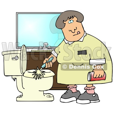 Disgusted Woman Holding A Can Of Cleanser While Scrubbing A Dirty Toilet In A Restroom Clipart Illustration Graphic © djart #14712