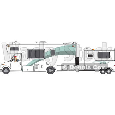 Clipart of a Cartoon White Man Backing up a Motorhome with a Horse Trailer - Royalty Free Vector Illustration © djart #1476676