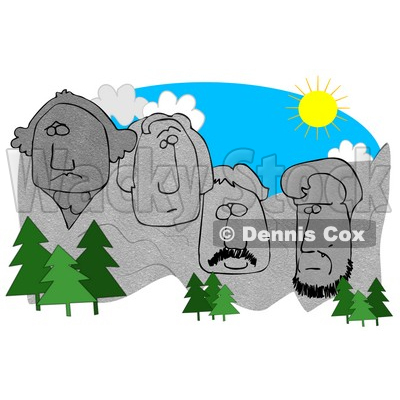 Evergreen Trees In Front Of George Washington, Thomas Jefferson, Theodore Roosevelt, And Abraham Lincoln Sculptures On Mount Rushmore On A Sunny Day, South Dakota Clipart Graphic © djart #15135