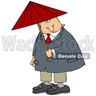 Caucasian Businessman In A Red Tie, Blue Jacket And Tan Pants, Holding A Red Umbrella And Looking Both Ways Before Crossing A Street Clipart Graphic © djart #15137