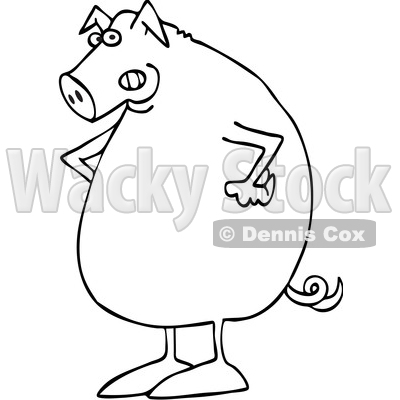 Clipart of a Cartoon Black and White Mad Pig with Hands on His Hips - Royalty Free Vector Illustration © djart #1514882