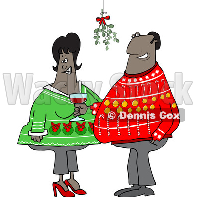 Clipart of a Cartoon Black Couple Under Mistletoe at a Christmas Party - Royalty Free Vector Illustration © djart #1515107