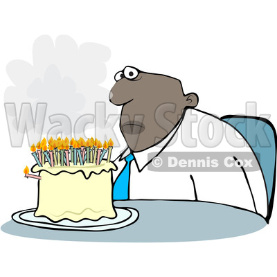 Clipart of a Cartoon Black Business Man Sitting in Front of His Birthday Cake with Many Lit Candles - Royalty Free Vector Illustration © djart #1528765