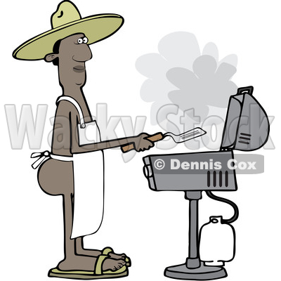 Clipart of a Cartoon Nude Black Man Wearing an Apron and Cooking on a Bbq Grill - Royalty Free Vector Illustration © djart #1531013