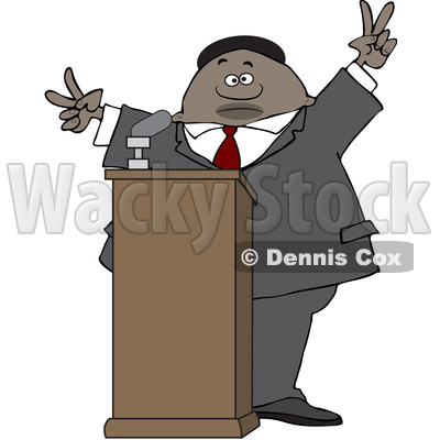Clipart of a Black Male Politician Gesturing Peace or Victor at a Podium - Royalty Free Vector Illustration © djart #1533008