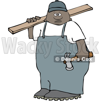 Clipart of a Black Male Carpenter Carrying a Wood Board - Royalty Free Vector Illustration © djart #1533542
