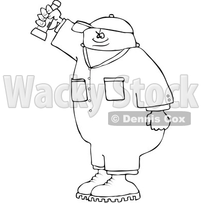 Clipart of a Cartoon Lineart Black Male Worker Shining a Flashlight - Royalty Free Vector Illustration © djart #1534861