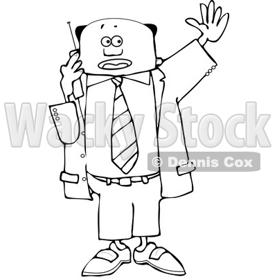 Clipart of a Lineart Black Business Man Waving and Talking on a Cell Phone - Royalty Free Vector Illustration © djart #1535125