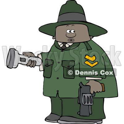 Clipart of a Cartoon Black Male Ranger Holding a Flashlight and Firearm - Royalty Free Vector Illustration © djart #1551006