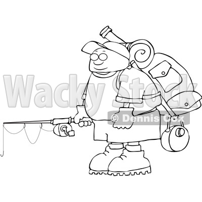 Clipart of a Cartoon Lineart Man with Camping and Fishing Gear - Royalty Free Vector Illustration © djart #1551010