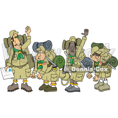Clipart of a Boy Scout Troop and Leader Waving Goodbye Before Backpacking - Royalty Free Vector Illustration © djart #1558734
