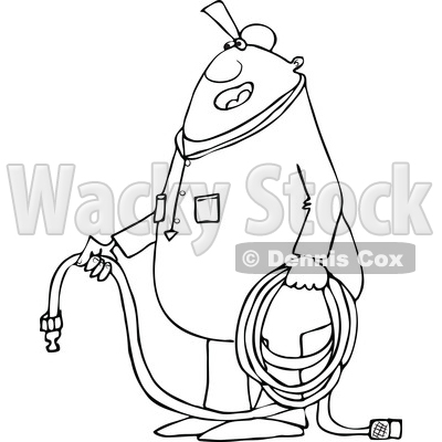 Clipart of a Cartoon Lineart Chubby Black Worker Man Holding an Air Hose - Royalty Free Vector Illustration © djart #1558735