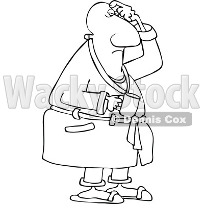 Clipart of a Cartoon Lineart Chubby Black Man in His Robe, Scratching His Head and Holding a Coffee Mug - Royalty Free Vector Illustration © djart #1559136