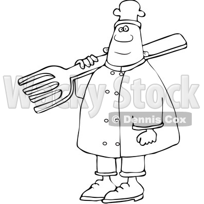 Clipart of a Lineart Black Male Chef in Carrying a Giant Fork over His Shoulder - Royalty Free Vector Illustration © djart #1560544