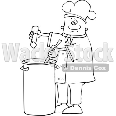 Clipart of a Lineart Black Male Chef Seasoning Soup with a Salt Shaker - Royalty Free Vector Illustration © djart #1562290