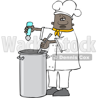 Clipart of a Black Male Chef Seasoning Soup with a Salt Shaker - Royalty Free Vector Illustration © djart #1562295