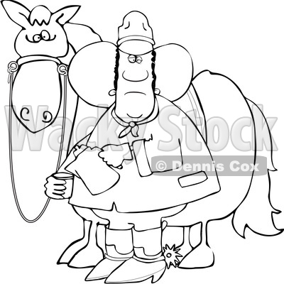 Clipart of a Lineart Black Cowboy Pouring a Cup of Coffee by a Horse - Royalty Free Vector Illustration © djart #1562917
