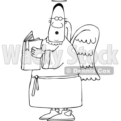 Clipart of a Lineart Black Male Angel Holding a Book - Royalty Free Vector Illustration © djart #1567301
