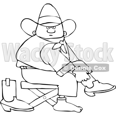 Clipart of a Cartoon Lineart Black Cowboy Putting on His Boots - Royalty Free Vector Illustration © djart #1567565
