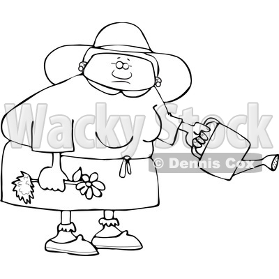 Clipart of a Cartoon Lineart Black Woman Holding a Flower Ready to Be Planted and a Watering Can - Royalty Free Vector Illustration © djart #1580752
