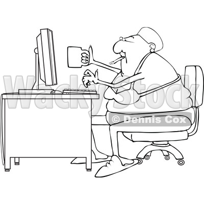 Clipart of a Cartoon Lineart Black Woman Smoking, Holding a Coffee Cup and Working at a Desk in Her Underwear - Royalty Free Vector Illustration © djart #1583908