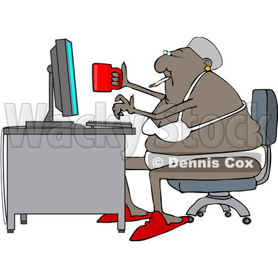 Clipart of a Cartoon Black Woman Smoking, Holding a Coffee Cup and Working at a Desk in Her Underwear - Royalty Free Vector Illustration © djart #1583910