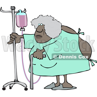 Clipart of a Cartoon Hospitalized Black Woman Walking Around with an Intravenous Drip Line - Royalty Free Vector Illustration © djart #1583965