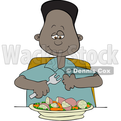 Clipart of a Cartoon Black Boy Eating a Veggie Meal of Carrots, Peas and Potatoes - Royalty Free Vector Illustration © djart #1585910