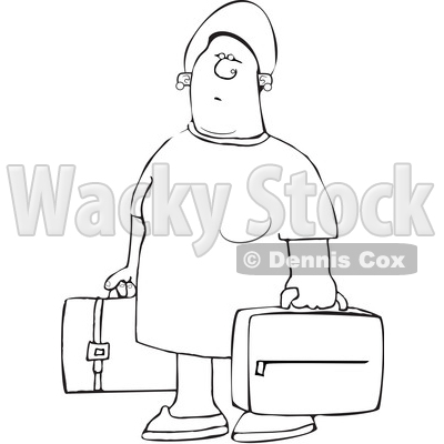 Clipart of a Cartoon Lineart Black Woman Carrying Suitcases - Royalty Free Vector Illustration © djart #1585973