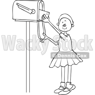 Clipart of a Cartoon Lineart Black Girl Checking the Mail from a Tall Box - Royalty Free Vector Illustration © djart #1590637