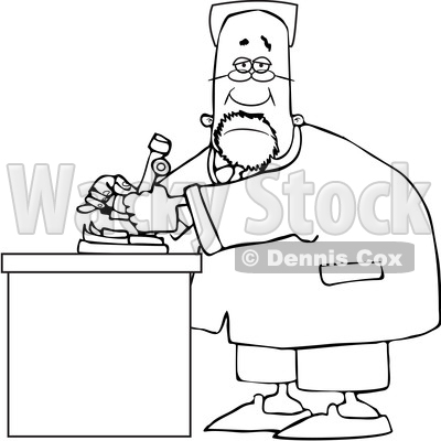 Clipart of a Cartoon Lineart Black Male Scientist Using a Microscope - Royalty Free Vector Illustration © djart #1595484