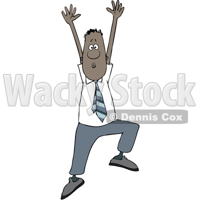 Clipart of a Cartoon Black Business Man Jumping to Grab Your Attention - Royalty Free Vector Illustration © djart #1595648