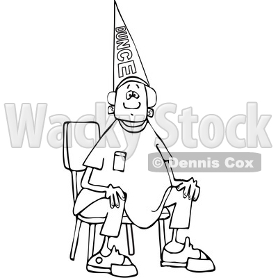 Clipart of a Cartoon Lineart Black Boy Wearing a Dunce Hat and Sitting in a Chair - Royalty Free Vector Illustration © djart #1602224