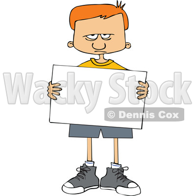 Clipart of a Cartoon Angry White Boy Holding a Blank Sign - Royalty Free Vector Illustration © djart #1602225