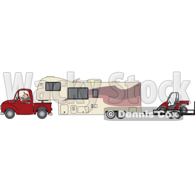 Clipart of a Cartoon White Man Driving a Pickup Truck and Hauling a Camper Fifth Wheel Trailer with an Atv on a Trailer - Royalty Free Vector Illustration © djart #1603645