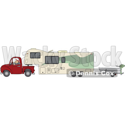 Clipart of a Cartoon White Man Driving a Pickup Truck and Hauling a Camper Fifth Wheel Trailer with a Boat on a Trailer - Royalty Free Vector Illustration © djart #1603646
