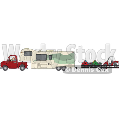 Clipart of a Cartoon White Man Driving a Pickup Truck and Hauling a Camper Fifth Wheel Trailer with a Trailer of ATVs - Royalty Free Vector Illustration © djart #1603647
