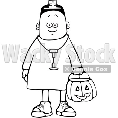 Clipart of a Cartoon Lineart Black Girl Wearing Halloween Nurse Costume While Trick or Treating - Royalty Free Vector Illustration © djart #1603881