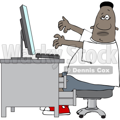 Clipart of a Cartoon Black Man Working at a Computer Desk - Royalty Free Vector Illustration © djart #1603883