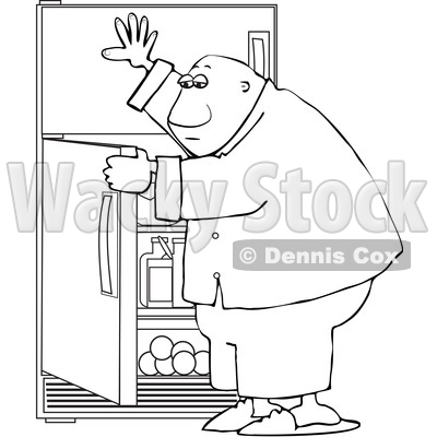 Clipart of a Cartoon Lineart Black Man Looking for Something to Eat in the Fridge - Royalty Free Vector Illustration © djart #1605394