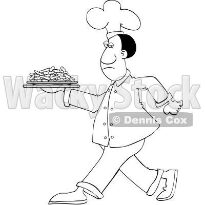 Clipart of a Cartoon Lineart Black Male Chef Walking with a Plate of Carrots - Royalty Free Vector Illustration © djart #1606082