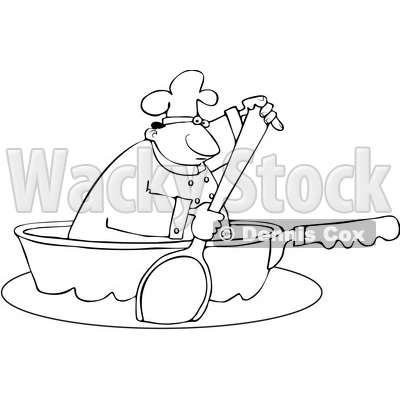 Clipart of a Cartoon Lineart Black Male Chef Using a Spoon to Paddle a Pan Boat - Royalty Free Vector Illustration © djart #1606084