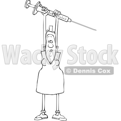 Clipart of a Cartoon Lineart Black Female Nurse Holding up a Giant Vaccine Syringe - Royalty Free Vector Illustration © djart #1608503