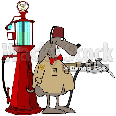 Clipart of a Shriners Dog Attendant by an Old Fashioned Gas Pump - Royalty Free Vector Illustration © djart #1608506