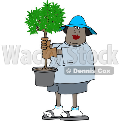 Clipart of a Cartoon Black Woman Carrying a Small Potted Tree - Royalty Free Vector Illustration © djart #1609450
