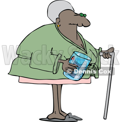 Clipart of a Cartoon Black Senior Woman with a Cane and Her Teeth in a Glass - Royalty Free Vector Illustration © djart #1609454
